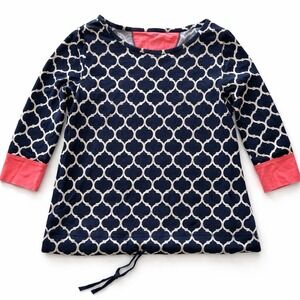 Talbots Navy White Geometric Top Women L 3/4 Sleeve Drawstring Hem